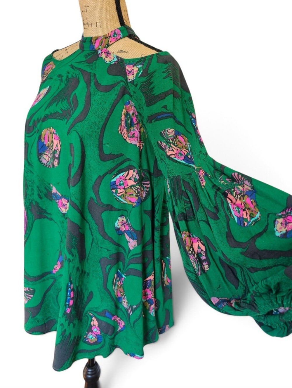 Free People Bohemian Drift Away Cold Shoulder Green  Floral Mini Tunic Dress, XS - Picture 6 of 9